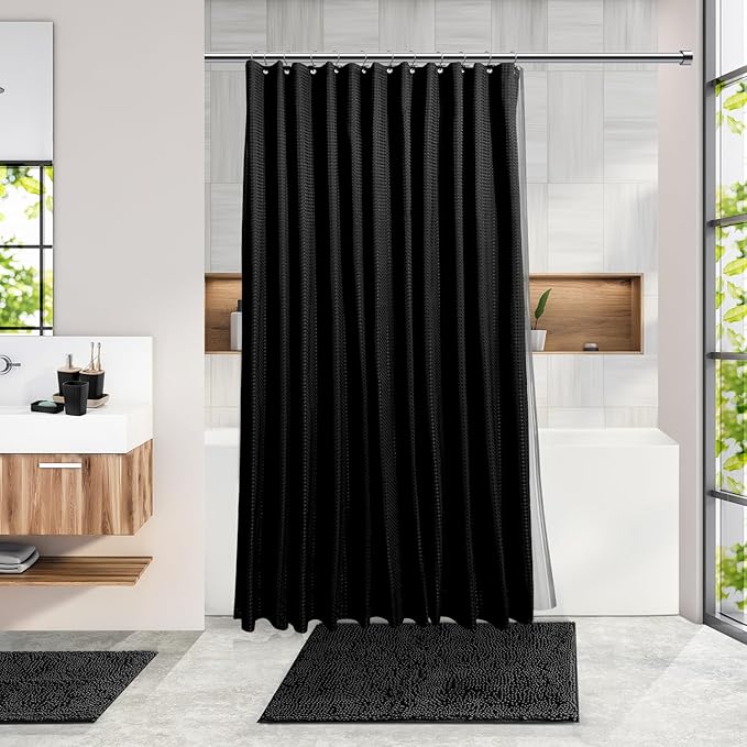 Clara Clark Bathroom Accessories Set - Bathroom Set with Adhesive Corner Shower Caddy Hanging, 25PC Bathroom Accessory Set, Black Shower Curtain Set, Toilet Brush, Trash Can & Soap Dispenser