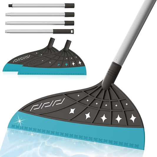 Air Broom, Multifunctional Silicone Broom for Hair, Cat Litter, Crumbs, Liquids Removal on Smooth Floor, Magic Squeegee Broom Comfortable Cleaning for Tile, Bathroom, Includes 2 Broom Heads (Gray)