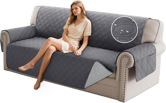 PrinceDeco 100% Waterproof Couch Covers for 3 Cushion Couch Sofa Modern Sofa Slipcovers with Elastic Straps Thick Soft Furniture Protector Pet Friendly, Grey