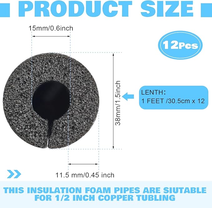 Amylove 12 Pcs 1 Feet Pipe Insulation Foam Tube Pool Noodles Insulating Water Pipe Swim Noodles Pre Slit Heat Preservation Pipes Covers for Tubing Outdoor Winter Freeze Protection(Black,1/2 Inch)