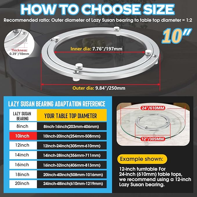 Lazy Susan Hardware,10 inch Heavy Duty Lazy Susan Bearing Kit,Rotating Serving Turntable for Aluminium Alloy Turntable Bearing,Swivel Base Hardware for Dining Table,DIY,Display Stand,Workbench
