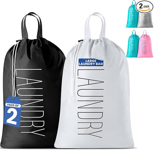Extra Large Travel Laundry Bag - 2-Pack Fun Print Design Bags for Dirty Clothes - Durable Water-Resistant Fabric - Sturdy Drawstring Closure (Black-White | Laundry)