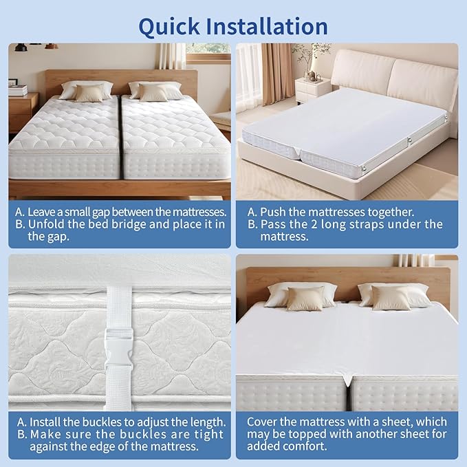 Upgrade 3-in-1 Bed Bridge, Twin to King Bed Converter with Sheet Strap Set, Split King Gap Filler, Removable