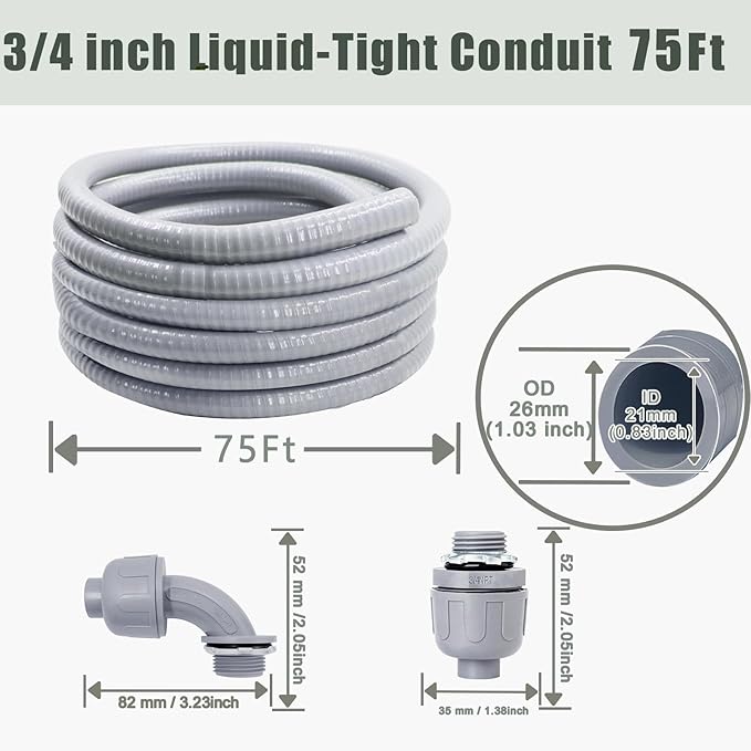 Liquid-Tight Conduit and Connector Kit - 3/4 Inch 75 FT Non Metallic Liquid Tight Electrical Conduit with 5 Straight and 5 Angle Fittings