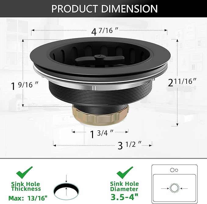 Black Sink Drain 3-1/2 Inch Kitchen Sink Drain Strainer Assembly Kit with Stainless Steel Strainer Basket and Drain Stopper for Standard Kitchen Sink Matte Black