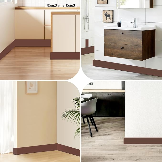 Flexible Baseboard Molding Trim 3 Inch(W) x 20 Feet(L) Self Adhesive Vinyl Wall Base Peel and Stick Cove Base,Rubber Wall Base. (Brown)
