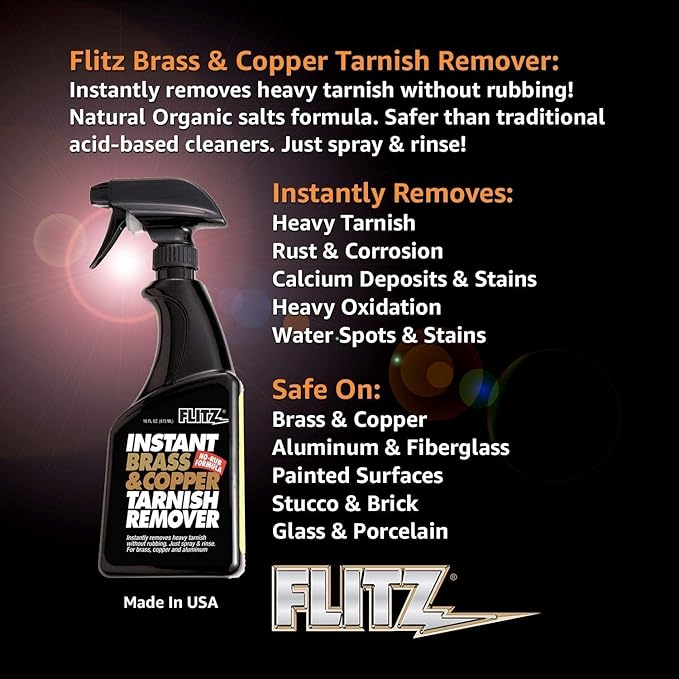 Flitz Instant Brass and Copper Tarnish Remover - 16oz Bottle of USA-Made Organic Rust Remover Spray (No-Rub) - Removes Stains & Oxidation from Glass & Aluminum - Brass Cleaners That Work (6 Pack)