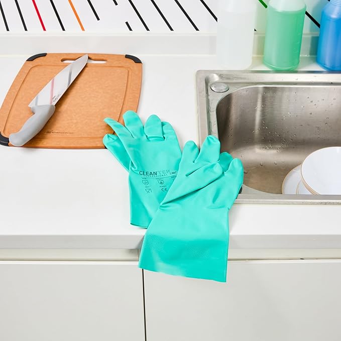 Restaurantware Green Cleaning Gloves 10 Pairs 15 Mil Thick Large Heavy-Duty Nitrile Gloves With Long Cuff No-Latex Flock Lining For Use In Hospitals, Laboratories, Kitchens and Households