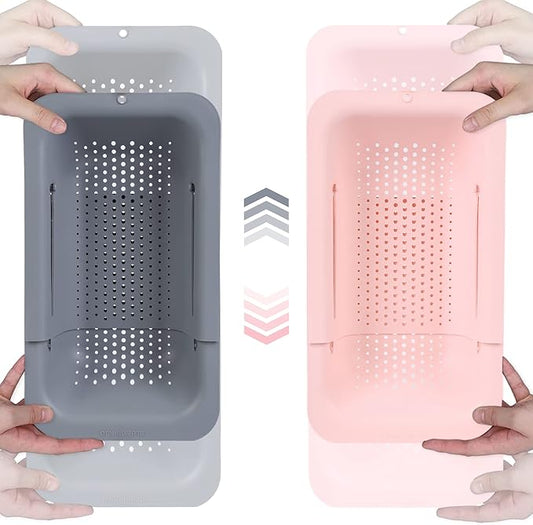 BLUE GINKGO Over the Sink Colander Strainer Basket - Wash Vegetables and Fruits, Drain Cooked Pasta and Dry Dishes - Extendable - New Home Kitchen Essentials (Grey & Pink, 2 Pack)