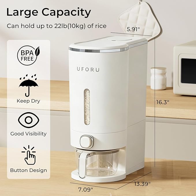 Rice Dispenser, Airtight Rice Storage Container with Measuring Cup for Kitchen Pantry, Cereal Dry Food Storage, Sealed Moisture Proof, White, 22 Lbs