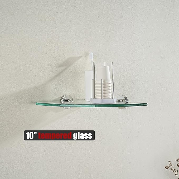JQK Corner Glass Shelf, Polished Chrome Bathroom 304 Stainless Steel Shower Triangle Floating Wall Shelf, 10 x 10 Tempered Glass, 3 Pack, TGS190L10-CH-P3