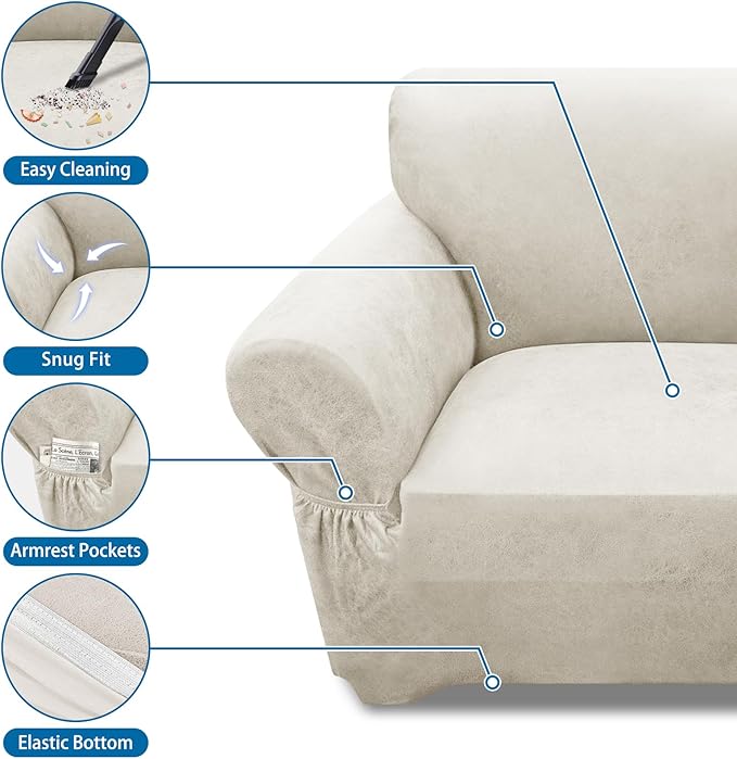 Couch Cover Leather Look 3 Seater Couch Sofa Cover 1-Piece Sofa Slipcover Stretch Furniture Protector with Elastic Bottom & Pockets(Sofa, Beige)
