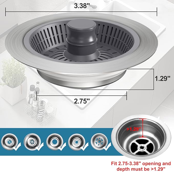 Sink Drain Strainer - Stainless Steel -Up Kitchen Sink Stopper Anti-Clog Kitchen Sink Strainer Basket for US Standard 3-1/2 Inch Drain (2 Pack)