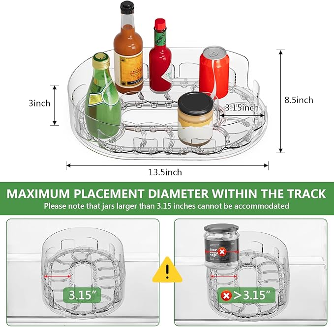 Lazy Susan Organizer for Refrigerator, 13.5'' x 8.5'' Clear Rectangular Turntable Fridge Organizer for Condiments in Refrigerator, Cabinet, Pantry, or Kitchen Countertop (1 Pack)