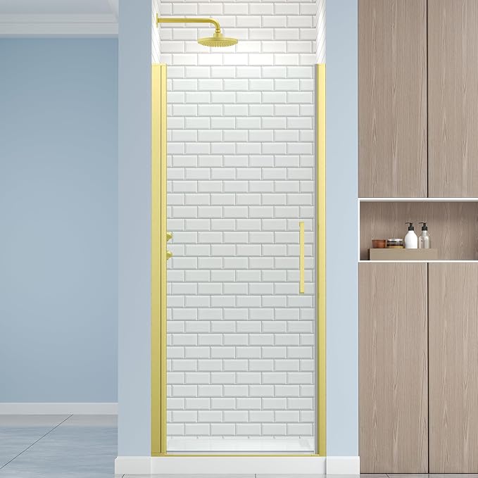 Frameless Pivot Shower Door 32.8-34" W X 72" H, 1/4" (6mm) Clear SGCC Tempered Glass, Hinged Pivot Swing Shower Door, Reversible Installation, Easy to Clean, Brushed Gold