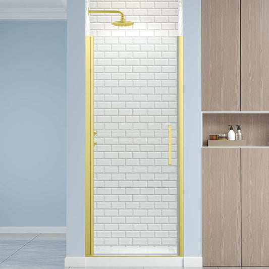 Frameless Pivot Shower Door 32.8-34" W X 72" H, 1/4" (6mm) Clear SGCC Tempered Glass, Hinged Pivot Swing Shower Door, Reversible Installation, Easy to Clean, Brushed Gold