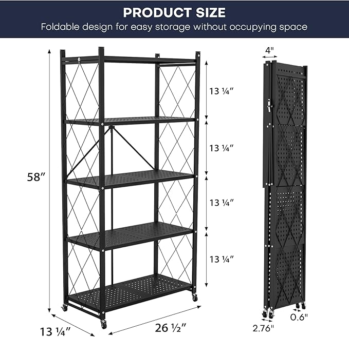 5-Tier Foldable Storage Shelf with Wheels | Metal Rack Collapsible Shelving Display | Rolling Cart for Books Kitchen Storage Shelves | Pantry & Closet Organizer | Office Room Decor