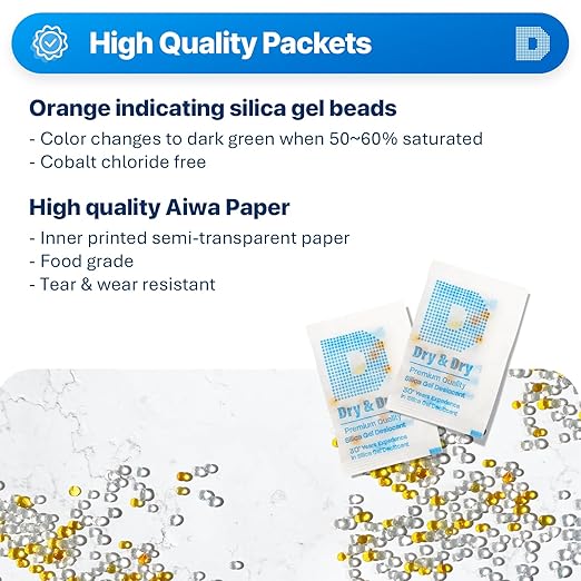Dry & Dry 2 Gram [100 Packets] Orange Indicating Silica Gel Packets Desiccants - Food Safe Silica Packs, Silica Gel, Silica Packets, Desiccant Packs for Food Storage