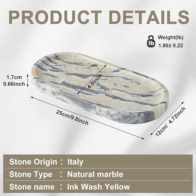 Natural Marble Vanity Tray, Marble Tray for Bathroom countertop,Stone Tray for Storing Perfume, Cosmetics and Jewelry 10 * 5inch （Ink Wash Yellow）