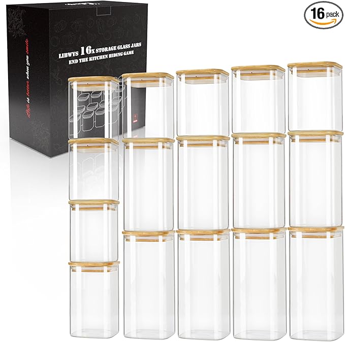 LIBWYS 16-Pack Square Glass Storage Jars with Bamboo Lids (0.6Qt/1.06Qt) - Stackable Food Containers for Pantry Organization, Coffee, Flour, Snacks, Tea | Kitchen Canisters Set