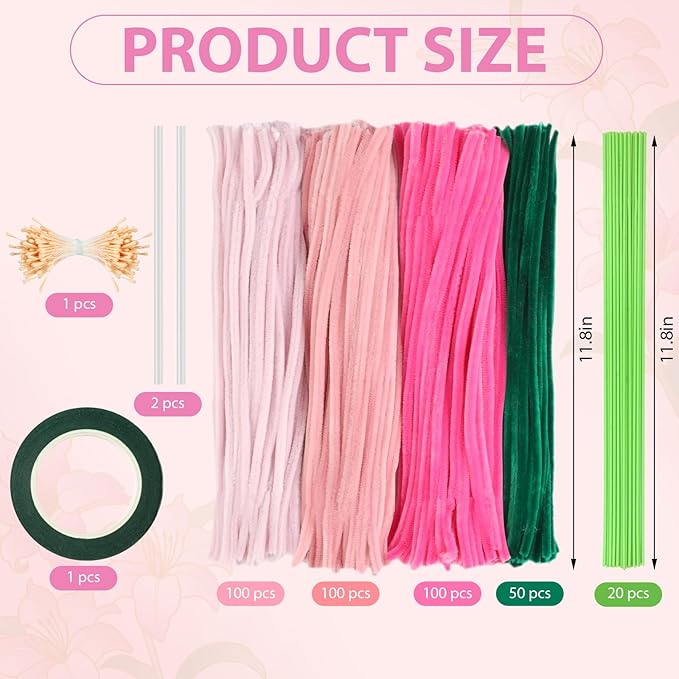350 Piece Pipe Cleaner Craft, 4 Color Pipe Cleaners Bulk, Chenille Stems for DIY Flower Making Kits with Hot Melt Adhesive, Gardening Tape, Stamens (Pink)