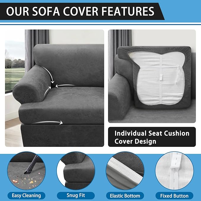 3-Pieces T Cushion Sofa Slipcovers - Leather Look Couch Cover for 2 Cushion Couch - Furniture Protector Stretch Sofa Cover With 2 Individual Seat Covers, Washable, Grey