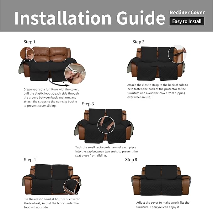 Easy-Going Oversized Loveseat Recliner Cover, Reversible Couch Cover for Double Recliner, Split Sofa Cover for Each Seat with Elastic Straps for Kids, Dogs, Pets(Oversized 2 Seater, Black/Beige)