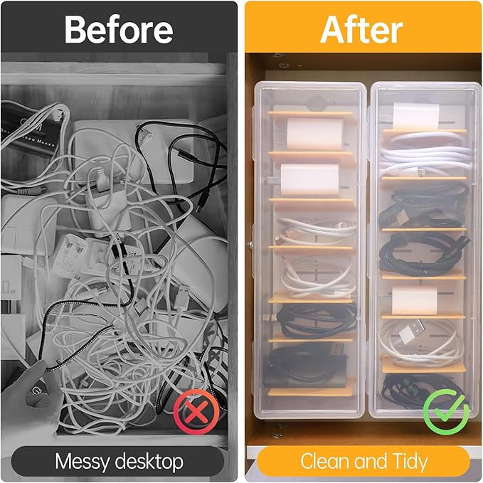 2 Pack Clear Cable Organizer Box with Lid, Plastic Charger Cable Cord Storage Organizer, Office Desk Organizers, Multifunctional Accessories Storage for Home Drawer Office, Stackable