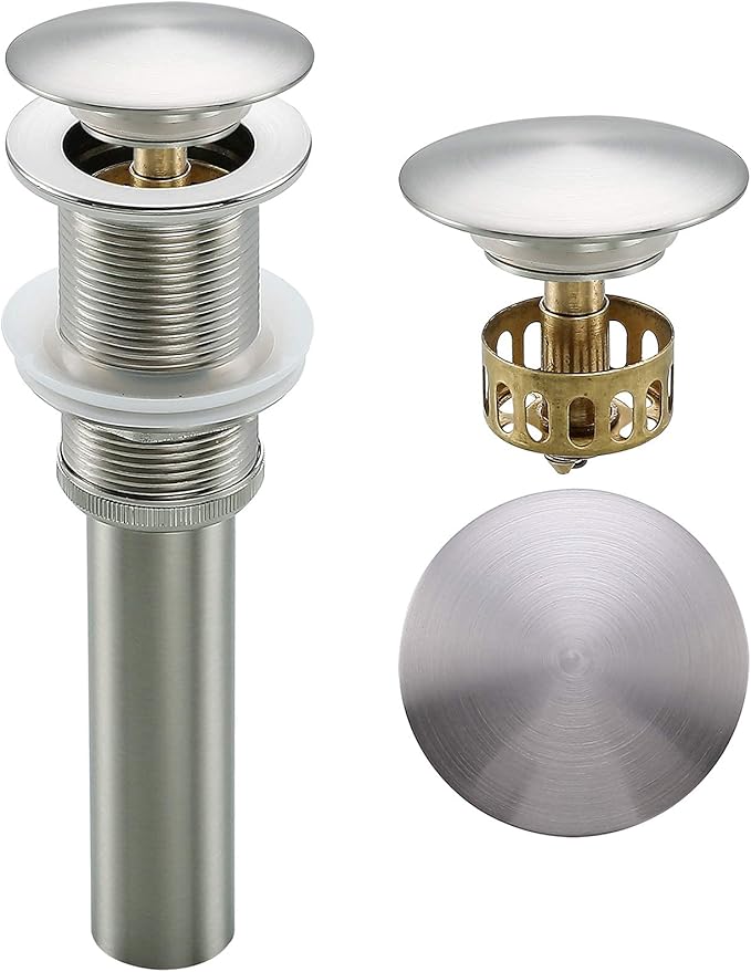Pop Up Drain Assembly Brushed Nickel,Bathroom Sink Drain with Removable Brass Strainer Basket Without Overflow Vessel Basin Sink Drain Stopper,83606BN.