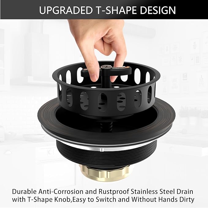 Kitchen Sink Drain Assembly 3-1/2 Inch Bronze Stainless Steel Kitchen Drain with T-Shaped Sink Strainer Basket and Drain Stopper for Standard Kitchen Sink Oil Rubbed Bronze