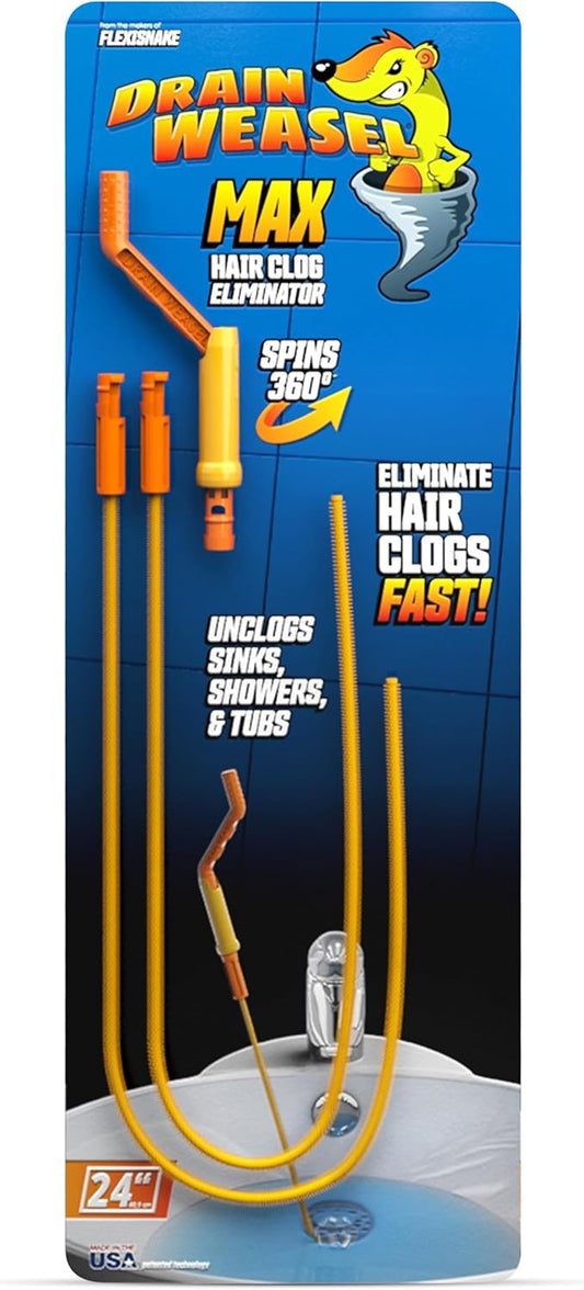 FlexiSnake Drain Weasel Sink Snake Hair Clog Remover Tool, Pipe, Bathroom, Bathtub Drain Cleaner, 24" Made in The USA 2 Wands and Removable Handle