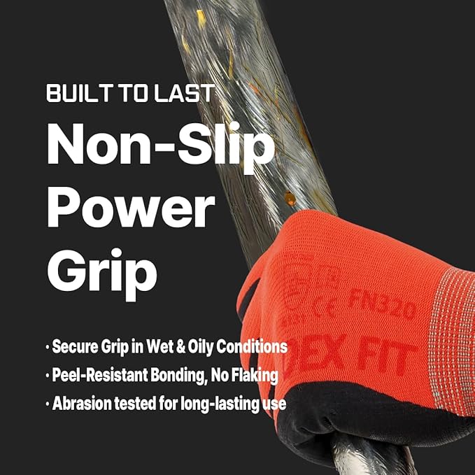 DEX FIT Premium Nylon Work Gloves FN320 - Firm Nitrile Grip, 3D-Comfort Stretchy Fit, Thin & Lightweight, Protective & Durable, Breathable, Machine Washable; Red 6 (XS) 3 Pairs