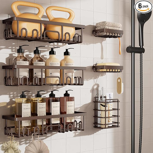 Veken Shower Caddy 6-Pack, No Drilling & Rustproof, Waterproof Adhesive Shelves Rack with Soap Holder, Large Capacity Bathroom Organizers and Storage, Wall-Mounted Kitchen & Home Decor