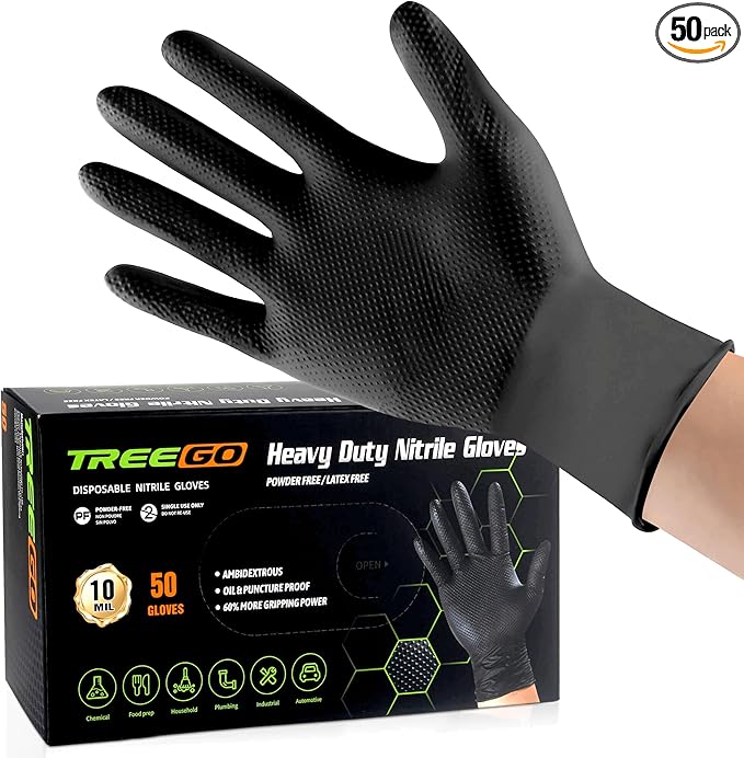 TREEGO 10 Mil Black Nitrile Gloves Heavy Duty — Diamond Texture Grip, Latex Free Disposable Mechanic Gloves, X-Large, 50 Count