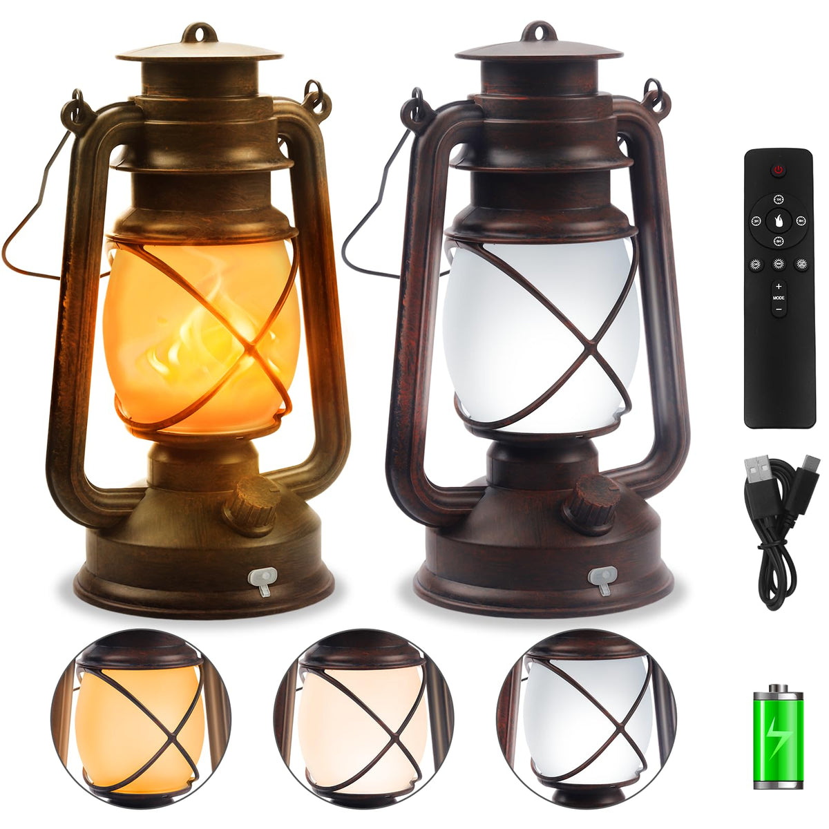 2 Pack Bronze Vintage 4 Modes Rechargeable Lanterns with Remote - Image 1