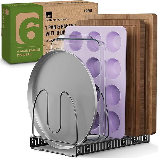Better Things Home 6+ Compact Pan & Pot Lid Organizer Rack for Cabinet, Single Rack with 6 Adjustable Dividers for Kitchen Cabinet or Pantry (Dark Grey, SINGLE RACK)