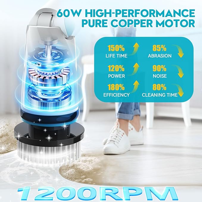 Battery Electric Scrubber for Cleaning Bathroom,1200RPM 21V Spin Scrubber Electric Spin Brush for Cleaning, 50'' Cordless Power Shower Scrubber W/ 8 Brushes for Grout Tile Tub Floor