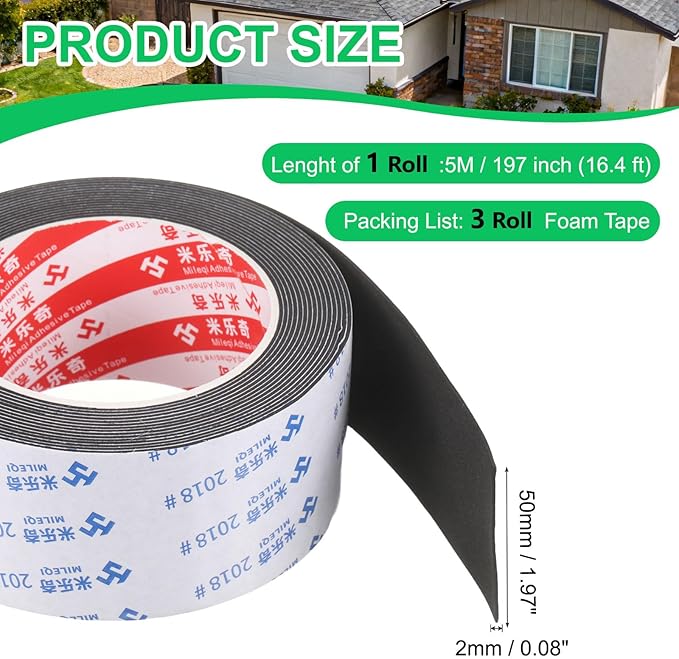 PATIKIL 3Roll Sponge Rubber Foam Tape, 1 31/32" W x 5/64" t x 16.4ft l Self-Adhesive Foam Insulation Tape Weather Stripping for Window Door Soundproofing Weatherstrip AC Seal Strip, Black
