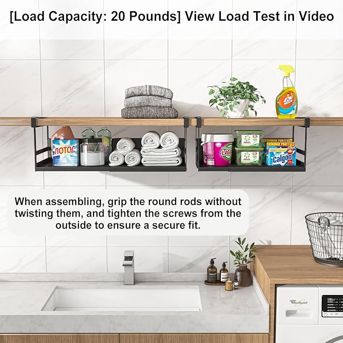 Expandable Under Cabinet Shelf Organizer with 0.94-Inch Thick Clips, Heavy Duty Extendable Under Shelf Storage Basket for Pantry or Laundry Room, Black, 1 Pack, Interior: 5.7" H x 7.2" D