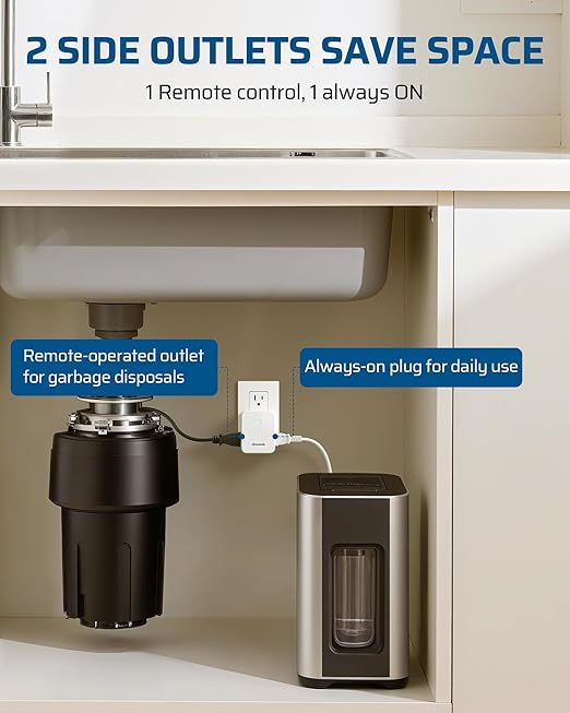 DEWENWILS Garbage Disposal Wireless Switch Kit, 2 Side Outlets, 15A/1875W Remote Control, One-Touch Timer 5s/10s/30s/60s/5min/15min, 100FT Wireless Light Switch for Lamps, Sink, Iron, Coffee Maker