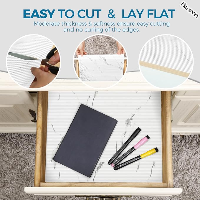 Hersvin Shelf Liners 20 in x 20 ft EVA Drawer Mats, Non-Adhesive Cupboard Protector, Kitchen Cabinet Lining Fridge Liner (White Marble Stripe, 50.8x610cm)