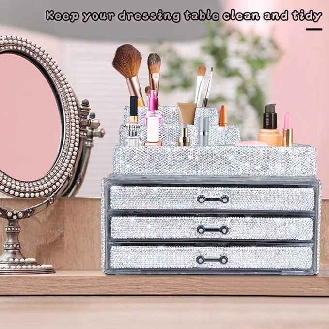 KEYPOWER Bling Rhinestone Makeup Cosmetic Jewelry Organizers Drawer & Remote control Holder(White)