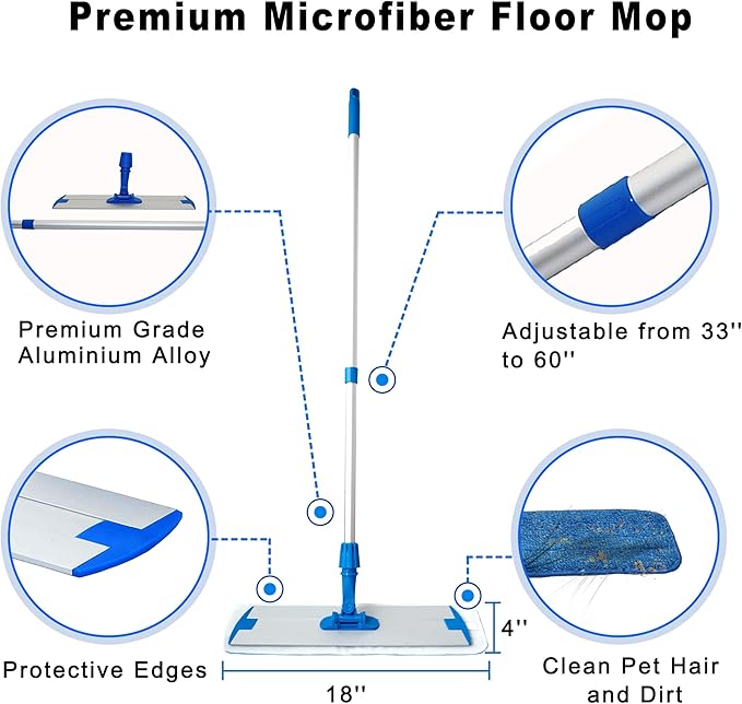 Mr. Towels Premium Microfiber Floor Mop + 2 Reusable 18" Washable Mop Pads. 360 Rotating Aluminum Extended Handle, Adjustable 33" - 60". The Perfect Solution as Tile, Laminate, Hardwood Floor Cleaner