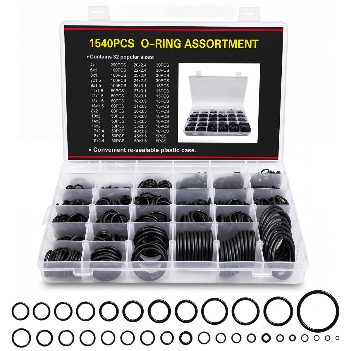 1540 Pcs Rubber O Ring Assortment Kit with 32 Sizes, Leak Repair - Image 1