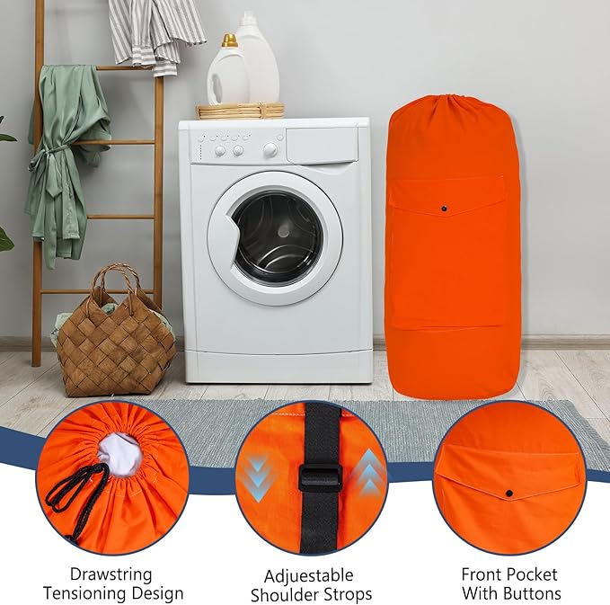 Sanlykate Canvas Backpack Laundry Bag - Extra Large Durable Dirty Clothes 2-3 Days Capacity with Adjustable Shoulder Strap & Front Pocket, for College Dorm, Apartment, Laundromats, Camping Travel