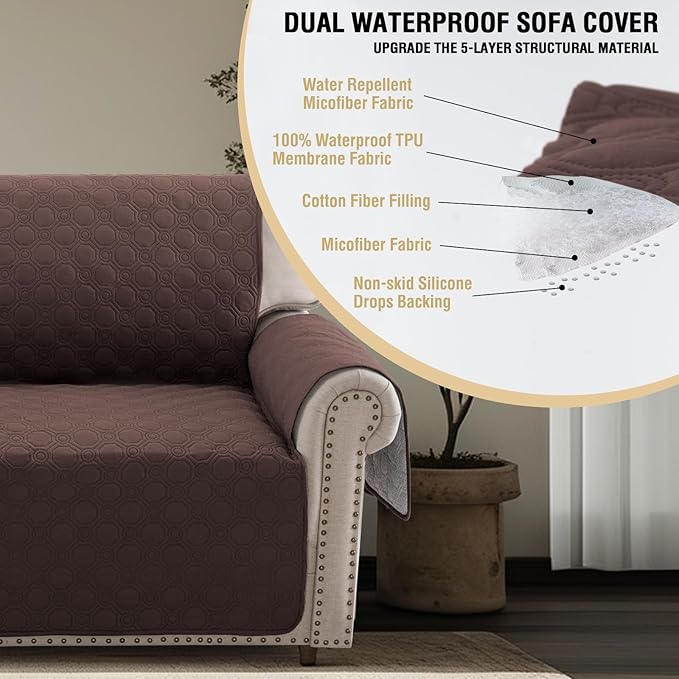 PrinceDeco Loveseat Covers for 2 Cushion Couch Waterproof Sofa Covers for 2 seat, Machine Washable Love Seat Quilted Couch Covers, Pet Friendly Slipcovers (Loveseat 48", Brown)