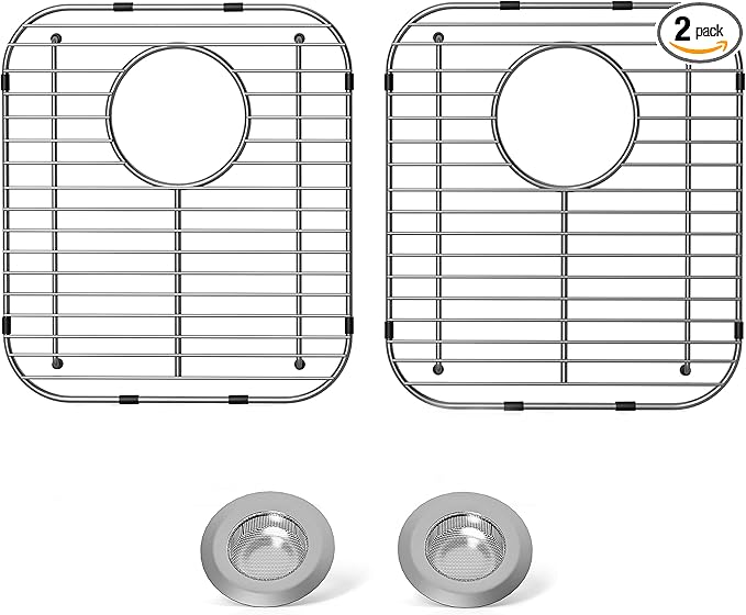 4Pack Stainless Steel Sink Protectors for Kitchen Sink, 13.1"x11.6"x1" Sink Grid Universal with Rear Drain, Rust-Resistant Metal Sink Rack for Bottom of Sink with Sink Strainers (Rear Drain/Set 2)