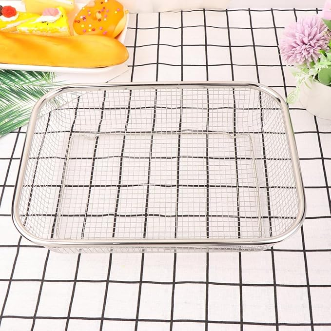 Stainless Steel Drain Basket Large Rectangular Colander 12.99X9.44X2.75In Multi-Purpose Kitchen Fruit Vegetable Holder with Fine Mesh for Washing and Storage