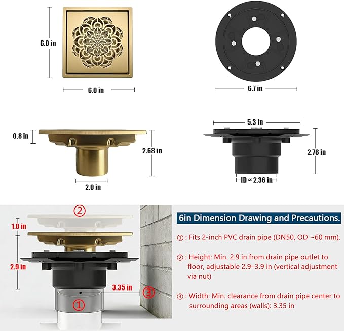 6 Inch Shower Drain, Square Shower Floor Drain Kit with Flange and Removable Cover Grate, AISI 304 Stainless Steel, Brushed Gold