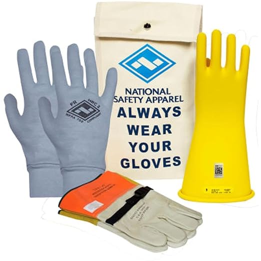 Enespro Class 2 Yellow Rubber Voltage Insulating Glove Premium Kit with FR Knit Glove and Leather Protectors, Max. Use Voltage 17,000V AC/ 25,500V DC, KITGC2Y11AG